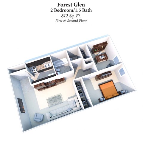 Floor plan for 2 beds, 1.5 baths, 812 sqft